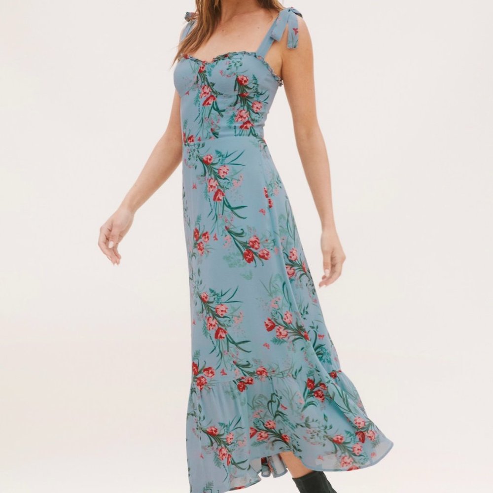 NWT Reformation Nikita Midi Dress, Blue with Pink and Red Floral Pattern, Size O